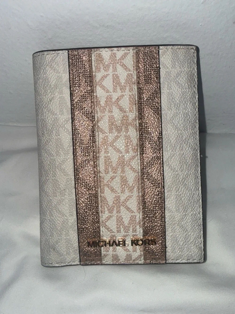 Michael Kors White and Rose Gold Stripe Passport Cover